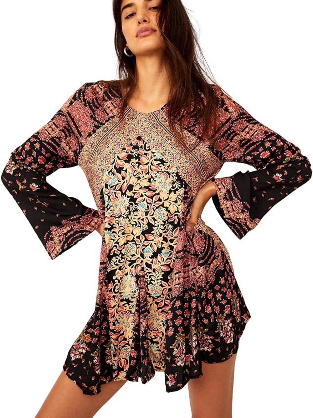 Free People Boho Stevie Moody Floral Print Tunic with Dramatic Bell Sleeves Sz M